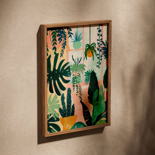 Jardin suspendu | Poster Jardin, affiche dans un cadre en chêne posé de biais sur un mur texturé