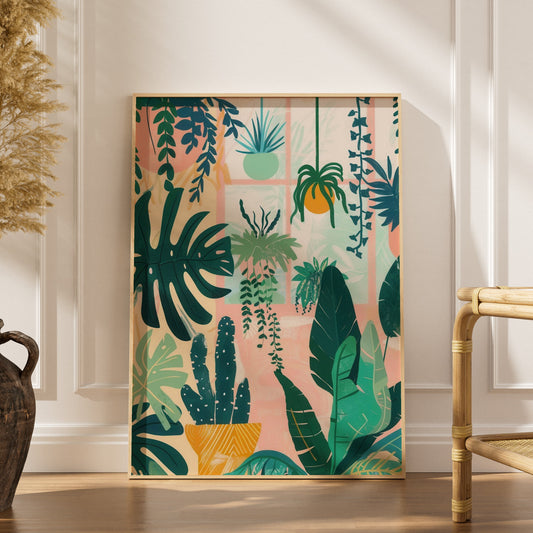 Jardin suspendu | Poster Jardin, affiche encadrée dans un intérieur élégant, herbes séchées et chaise en rotin