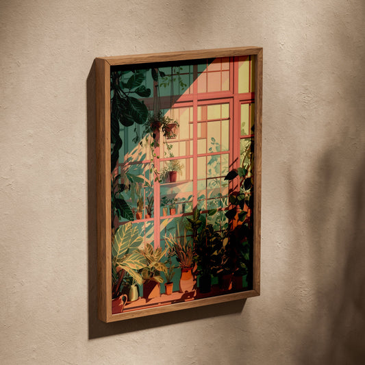 L'atelier du jardinier | Poster Jardin, affiche dans un cadre en chêne posé de biais sur un mur texturé