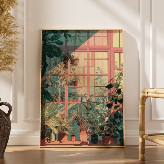 L'atelier du jardinier | Poster Jardin, affiche encadrée dans un intérieur élégant, herbes séchées et chaise en rotin