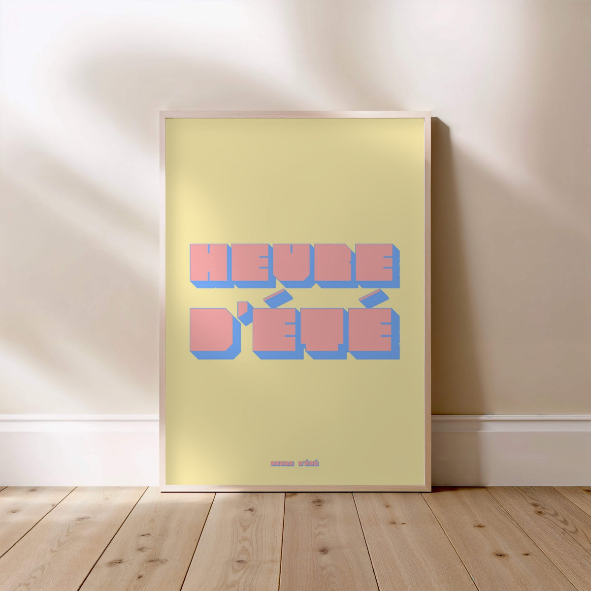 Heure d'été Poster, framed poster standing on the floor, light wood frame
