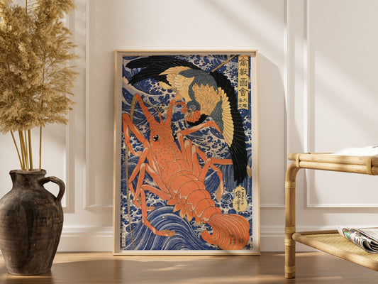 Aigle et Langouste - Utagawa Kuniyoshi - Estampe Japonaise, affiche encadrée dans un intérieur élégant, cadre bois clair