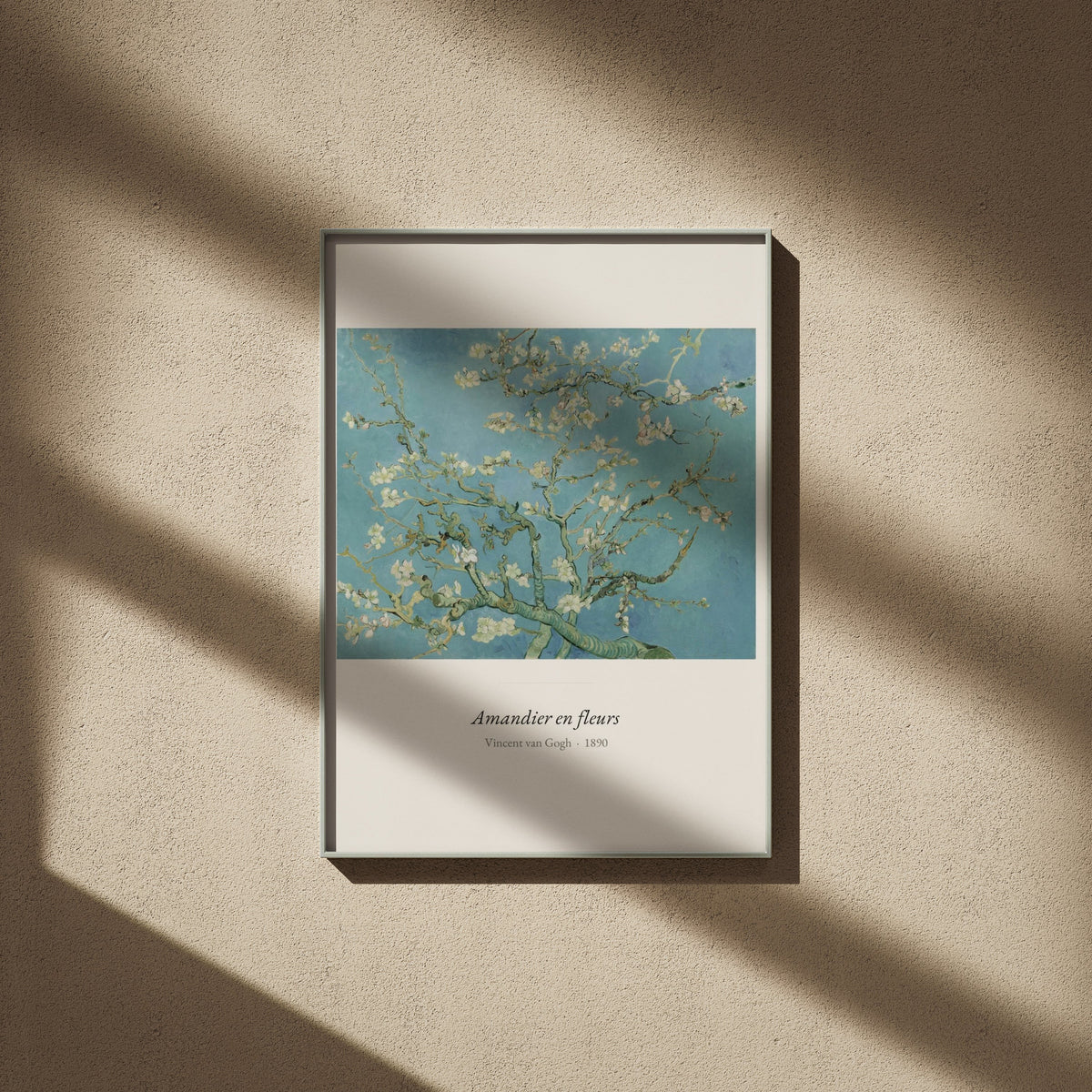 Amandier en fleurs, Van Gogh | Affiche Art Premium, affiche encadrée sur un mur beige, ombres de fenêtre