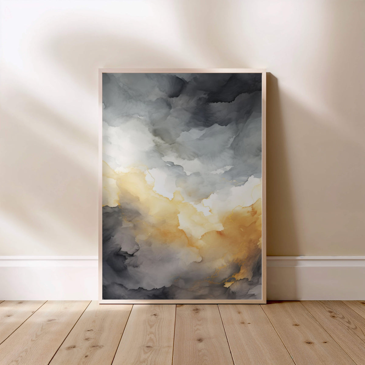 Affiche Watercolor Sunset, affiche encadrée posée au sol, cadre bois clair