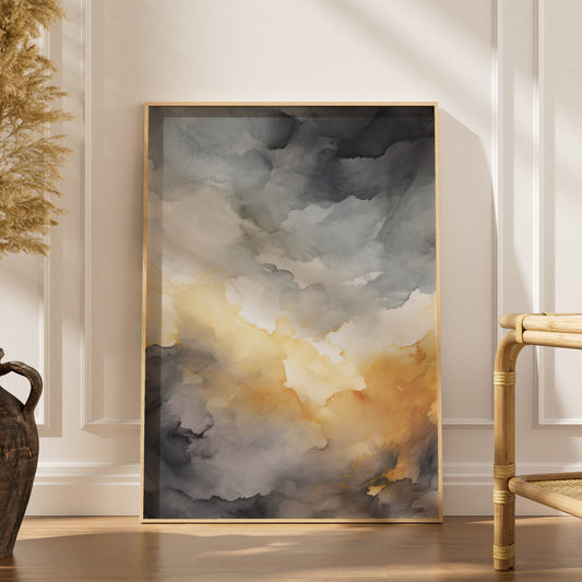 Affiche Watercolor Sunset, affiche encadrée dans un intérieur élégant, herbes séchées et chaise en rotin