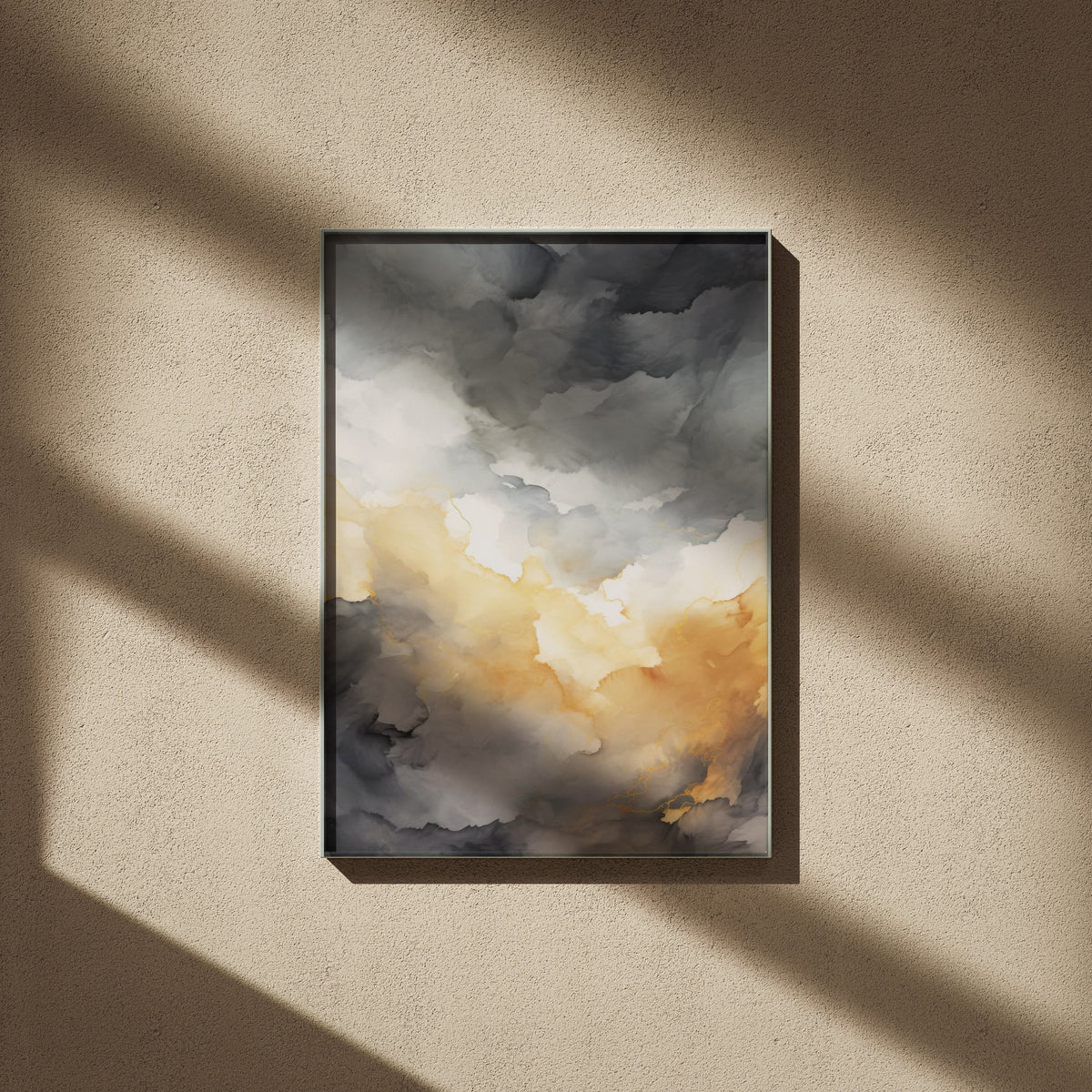Affiche Watercolor Sunset, affiche encadrée sur un mur beige, ombres de fenêtre