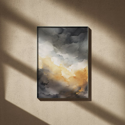 Affiche Watercolor Sunset, affiche encadrée sur un mur beige, ombres de fenêtre