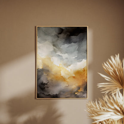 Affiche Watercolor Sunset, affiche encadrée sur un mur beige, pampas au premier plan