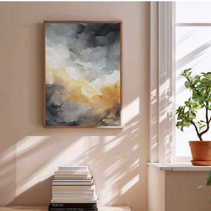 Affiche Watercolor Sunset, affiche encadrée au-dessus d'une pile de livres
