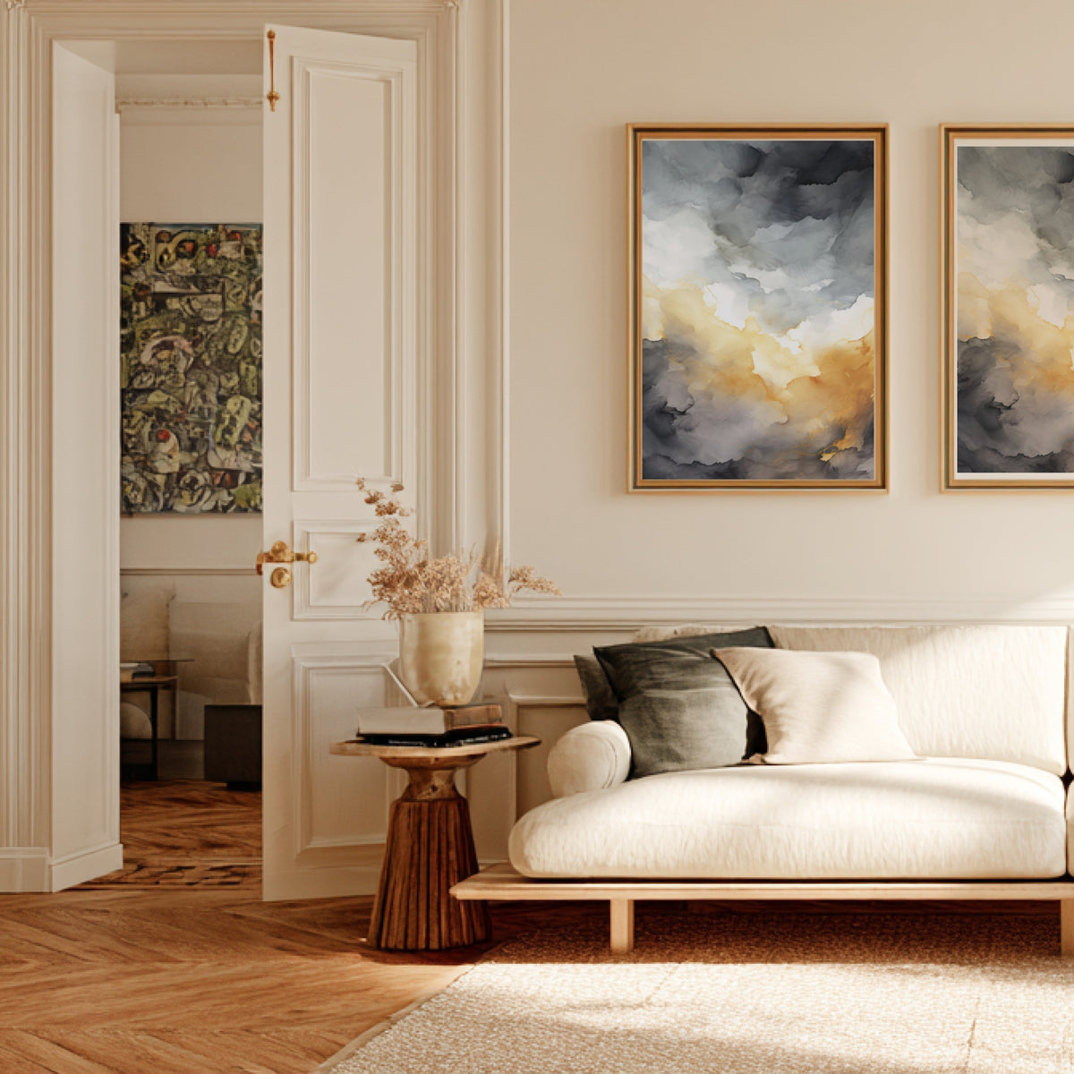 Affiche Watercolor Sunset, affiche encadrée dans un salon haussmannien