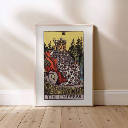 Arcana III - The Empress - Rider-Waite-Smith Tarot Poster, framed poster standing on the floor, light wood frame