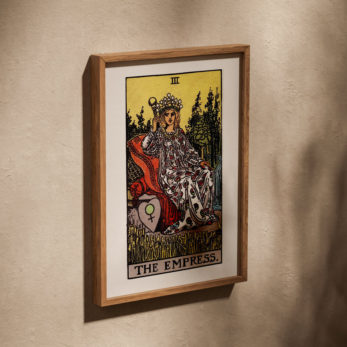 Arcana III - The Empress - Rider-Waite-Smith Tarot Poster, poster in an oak frame leaning on a textured wall