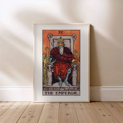 Arcanum IV - The Emperor - Rider-Waite-Smith Tarot Poster, framed poster standing on the floor, light wood frame