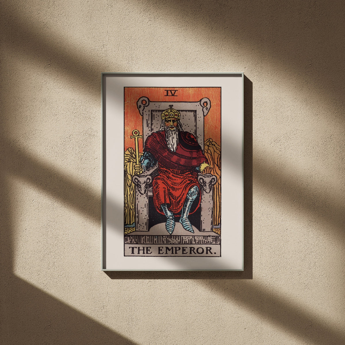 Arcanum IV - The Emperor - Rider-Waite-Smith Tarot Poster, framed poster on a beige wall, window shadows
