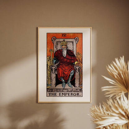 Arcanum IV - The Emperor - Rider-Waite-Smith Tarot Poster, framed poster on a beige wall, pampas grass in the foreground