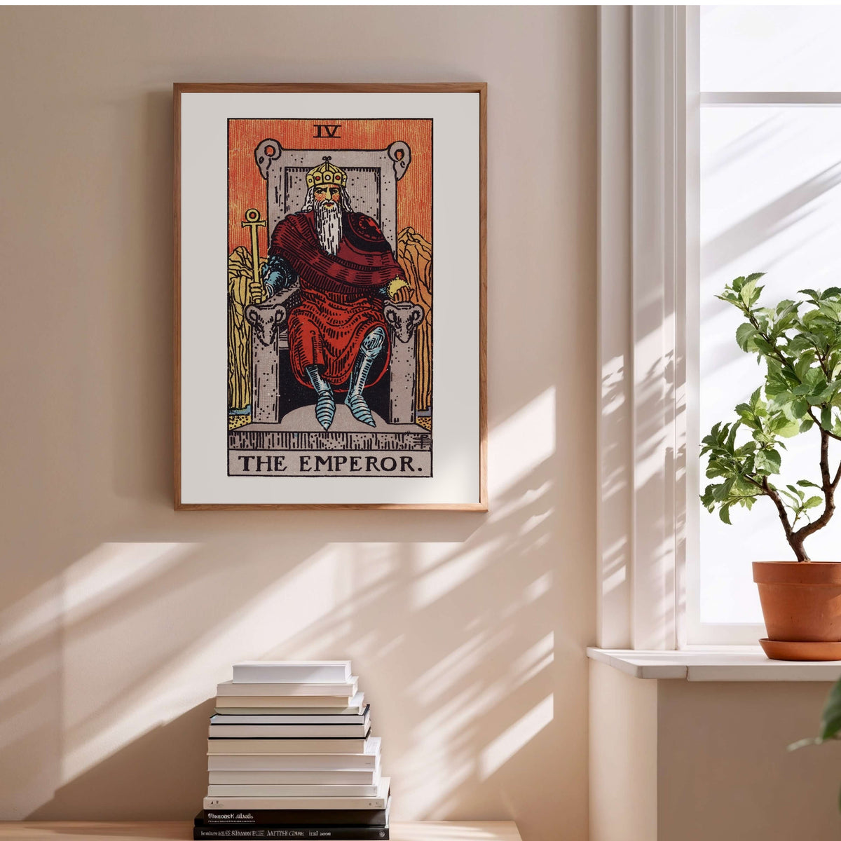 Arcanum IV - The Emperor - Rider-Waite-Smith Tarot Poster, framed poster above a stack of books