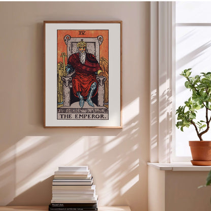Arcanum IV - The Emperor - Rider-Waite-Smith Tarot Poster, framed poster above a stack of books
