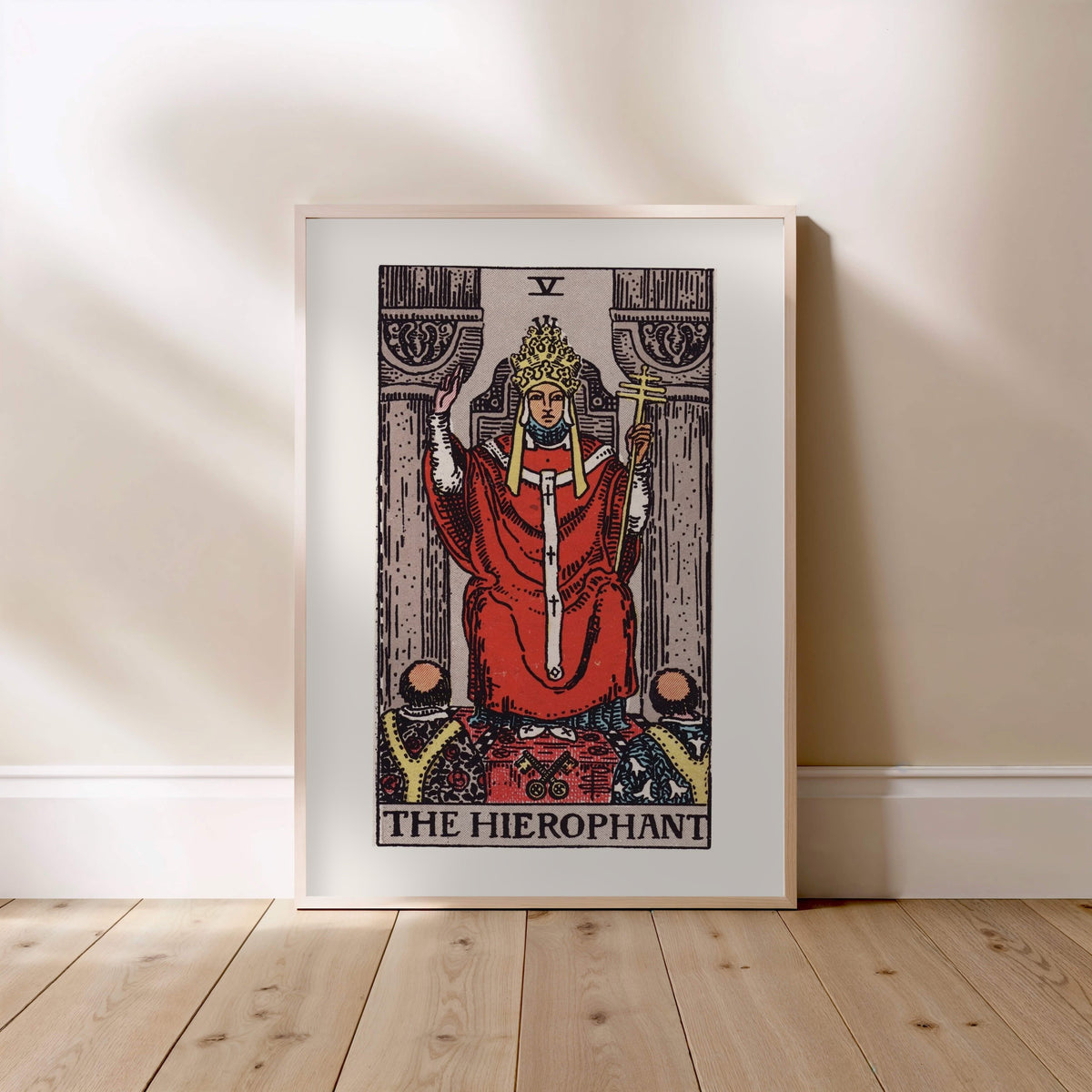 Arcanum V - The Hierophant - Rider-Waite-Smith Tarot Poster, framed poster standing on the floor, light wood frame