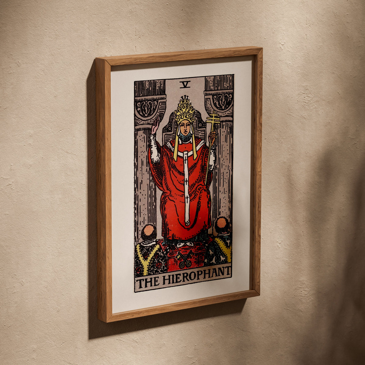 Arcanum V - The Hierophant - Rider-Waite-Smith Tarot Poster, poster in an oak frame leaning on a textured wall
