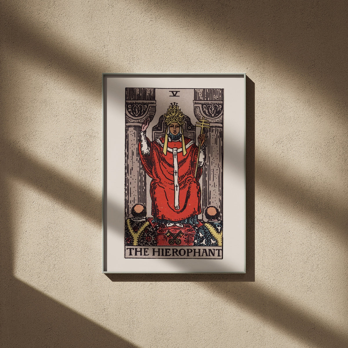 Arcanum V - The Hierophant - Rider-Waite-Smith Tarot Poster, framed poster on a beige wall, window shadows