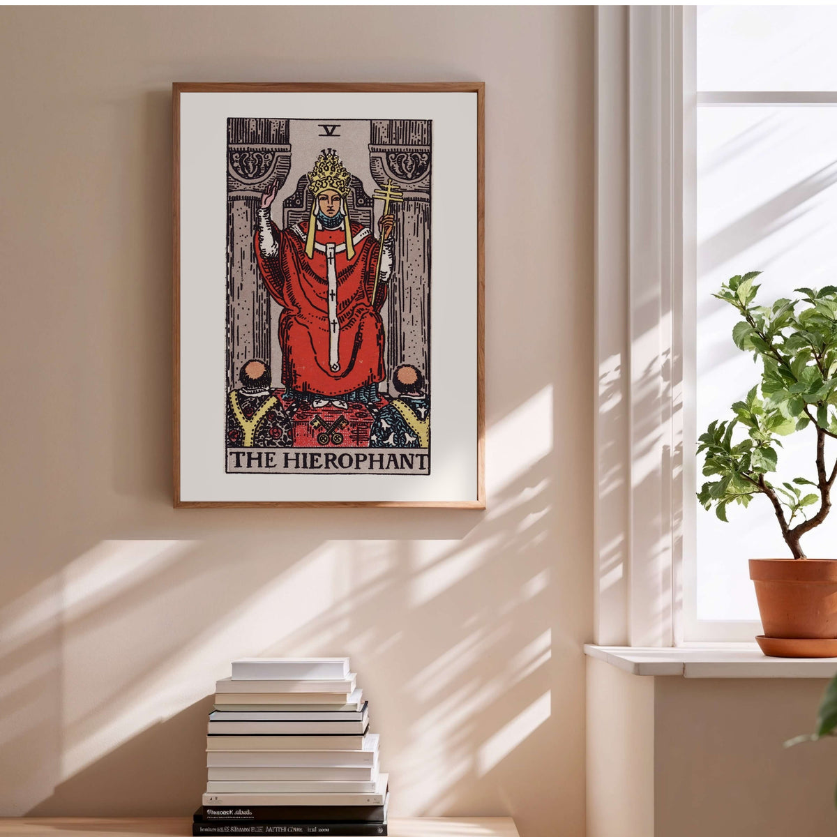 Arcanum V - The Hierophant - Rider-Waite-Smith Tarot Poster, framed poster above a stack of books