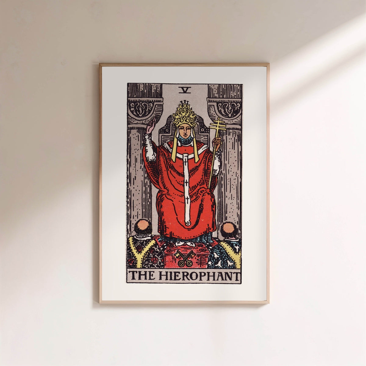 Arcanum V - The Hierophant - Rider-Waite-Smith Tarot Poster, framed poster on a light wall