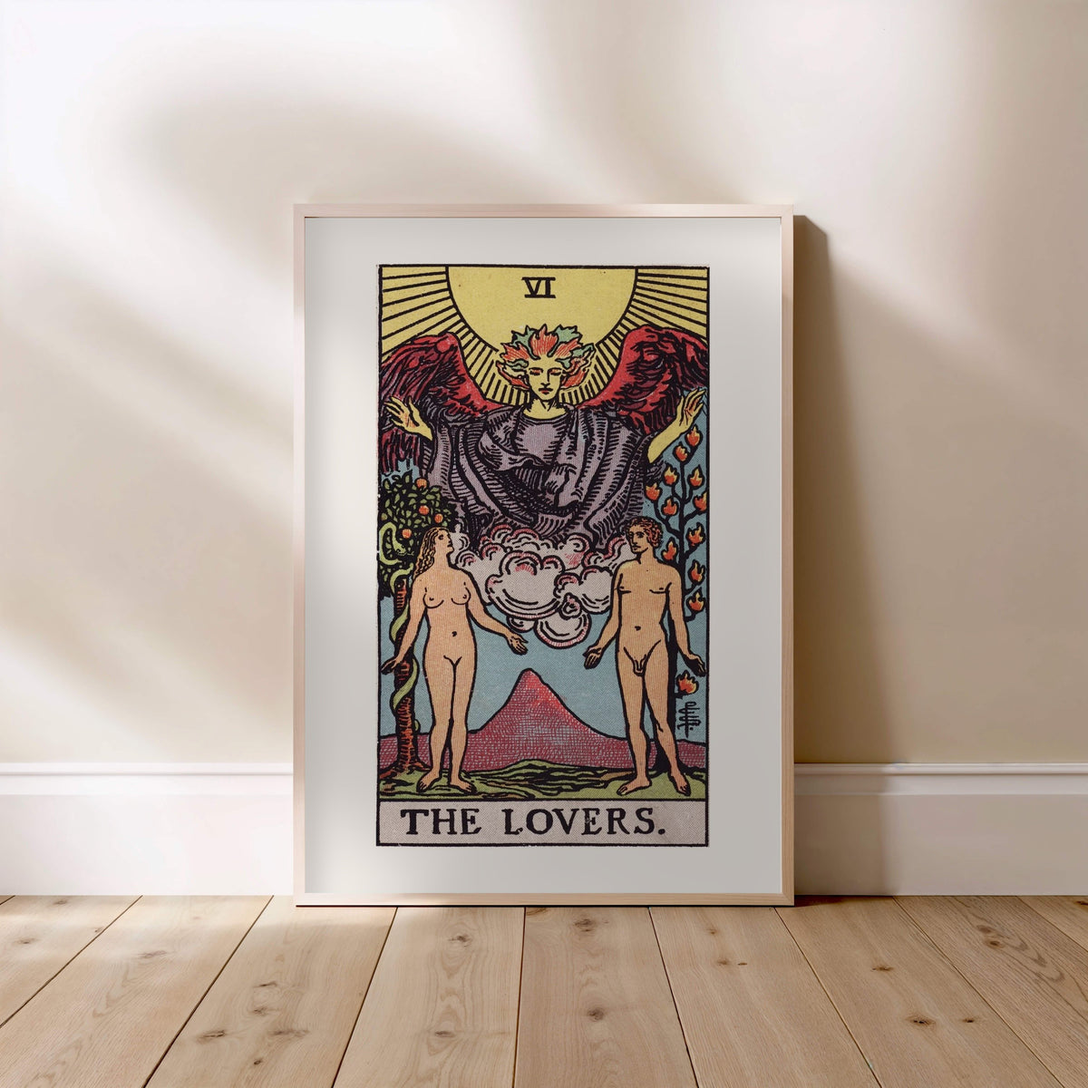 Arcanum VI - The Lovers - Rider-Waite-Smith Tarot Poster, framed poster standing on the floor, light wood frame