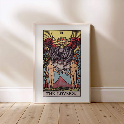 Arcanum VI - The Lovers - Rider-Waite-Smith Tarot Poster, framed poster standing on the floor, light wood frame