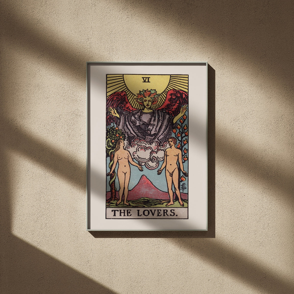 Arcanum VI - The Lovers - Rider-Waite-Smith Tarot Poster, framed poster on a beige wall, window shadows