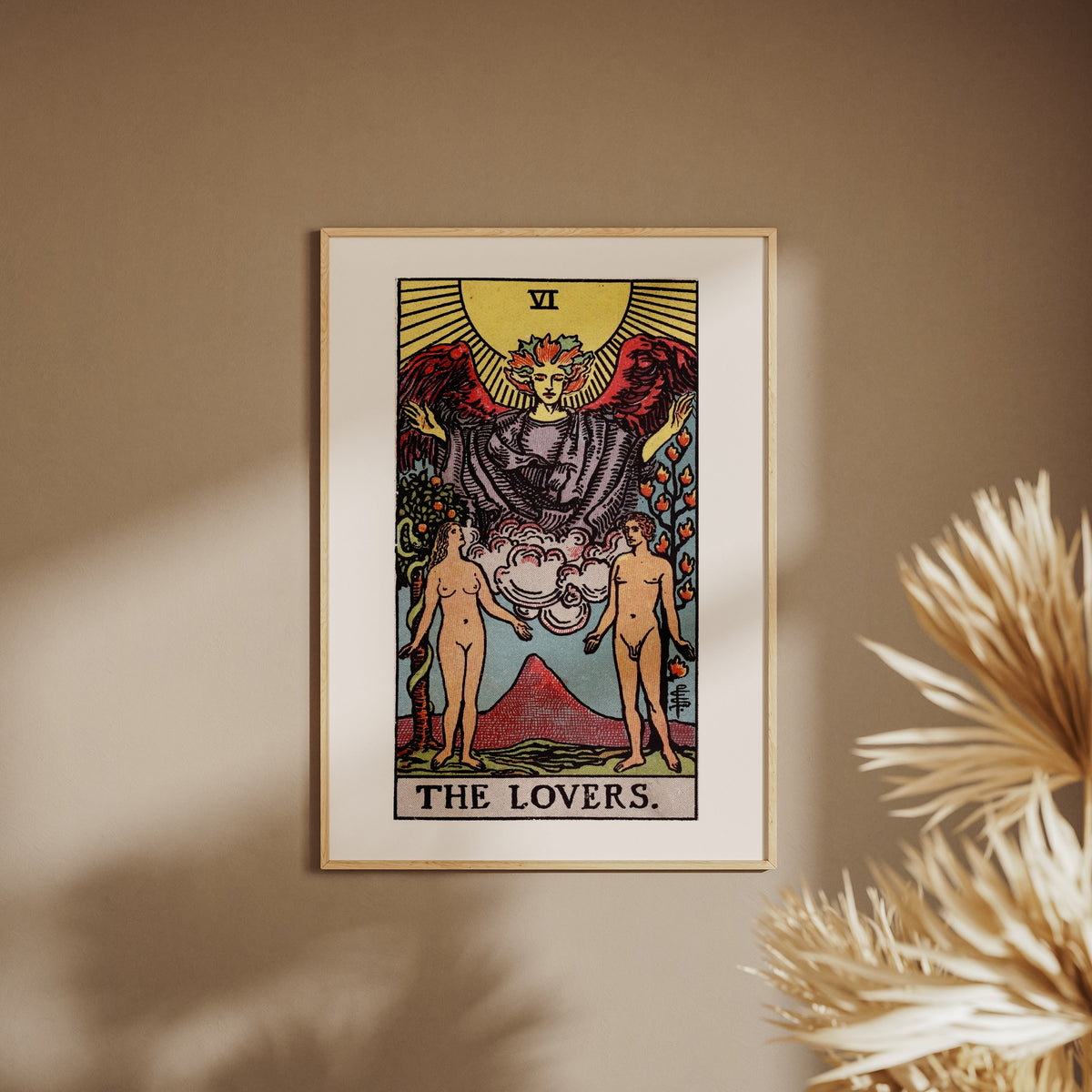 Arcanum VI - The Lovers - Rider-Waite-Smith Tarot Poster, framed poster on a beige wall, pampas grass in the foreground