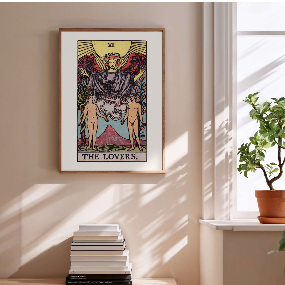 Arcanum VI - The Lovers - Rider-Waite-Smith Tarot Poster, framed poster above a stack of books