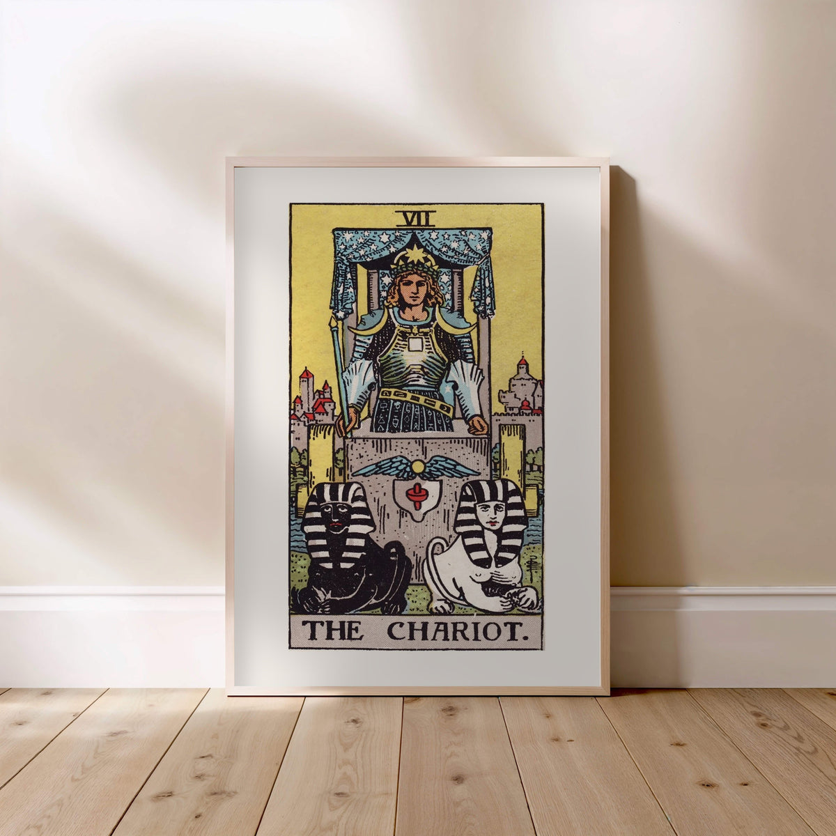 Arcanum VII - The Chariot - Rider-Waite-Smith Tarot Poster, framed poster standing on the floor, light wood frame