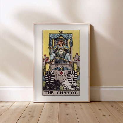 Arcanum VII - The Chariot - Rider-Waite-Smith Tarot Poster, framed poster standing on the floor, light wood frame