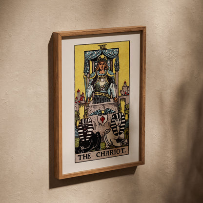 Arcanum VII - The Chariot - Rider-Waite-Smith Tarot Poster, poster in an oak frame leaning on a textured wall