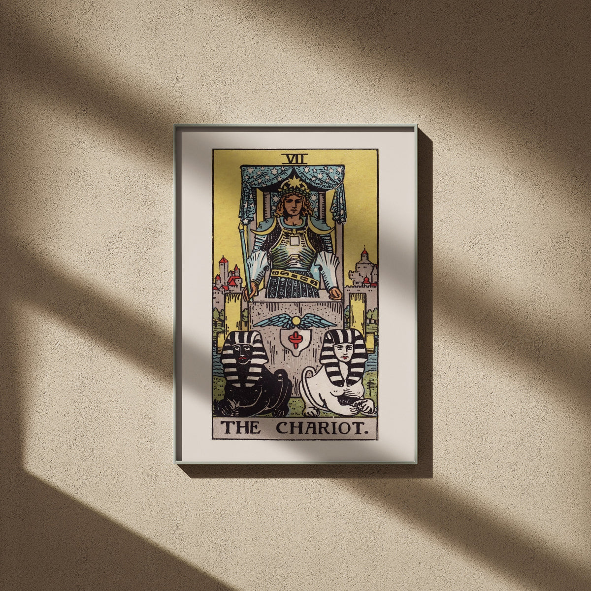 Arcanum VII - The Chariot - Rider-Waite-Smith Tarot Poster, framed poster on a beige wall, window shadows