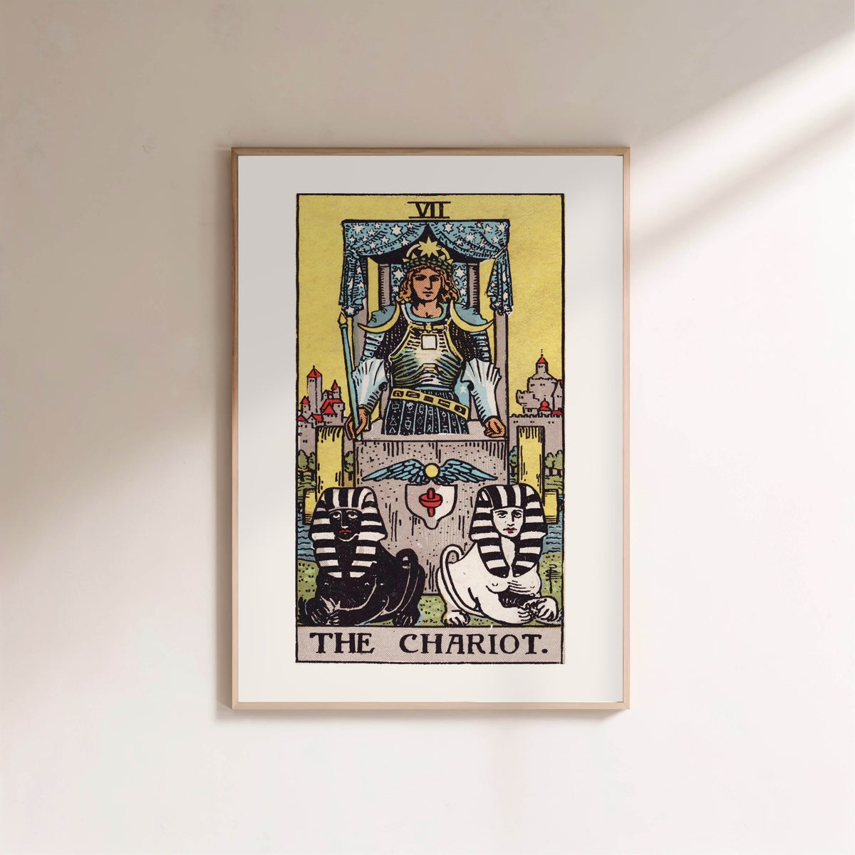Arcanum VII - The Chariot - Rider-Waite-Smith Tarot Poster, framed poster on a light wall