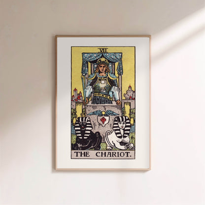 Arcanum VII - The Chariot - Rider-Waite-Smith Tarot Poster, framed poster on a light wall
