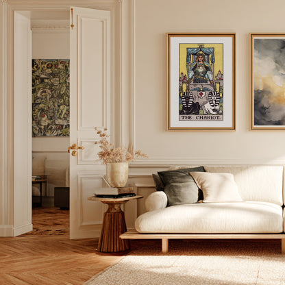 Arcanum VII - The Chariot - Rider-Waite-Smith Tarot Poster, framed poster in a Parisian Haussmann living room