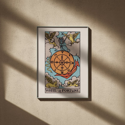 The Wheel of Fortune - Arcana X of the Rider-Waite Tarot, framed poster on a beige wall, window shadows