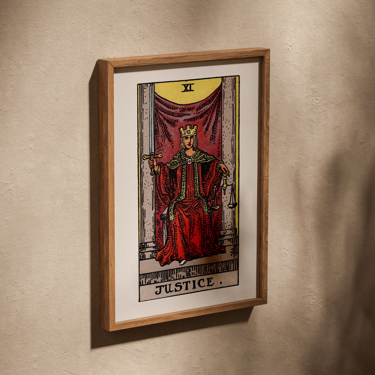 Arcanum XI - Justice - Rider-Waite-Smith Tarot Poster, poster in an oak frame leaning on a textured wall