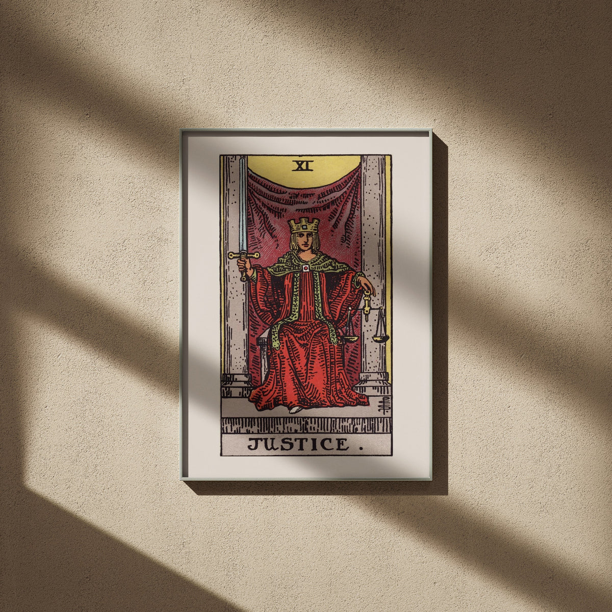 Arcanum XI - Justice - Rider-Waite-Smith Tarot Poster, framed poster on a beige wall, window shadows