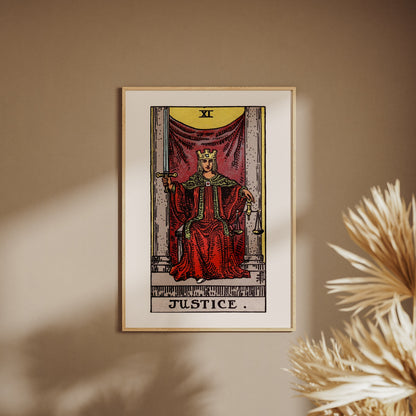 Arcanum XI - Justice - Rider-Waite-Smith Tarot Poster, framed poster on a beige wall, pampas grass in the foreground