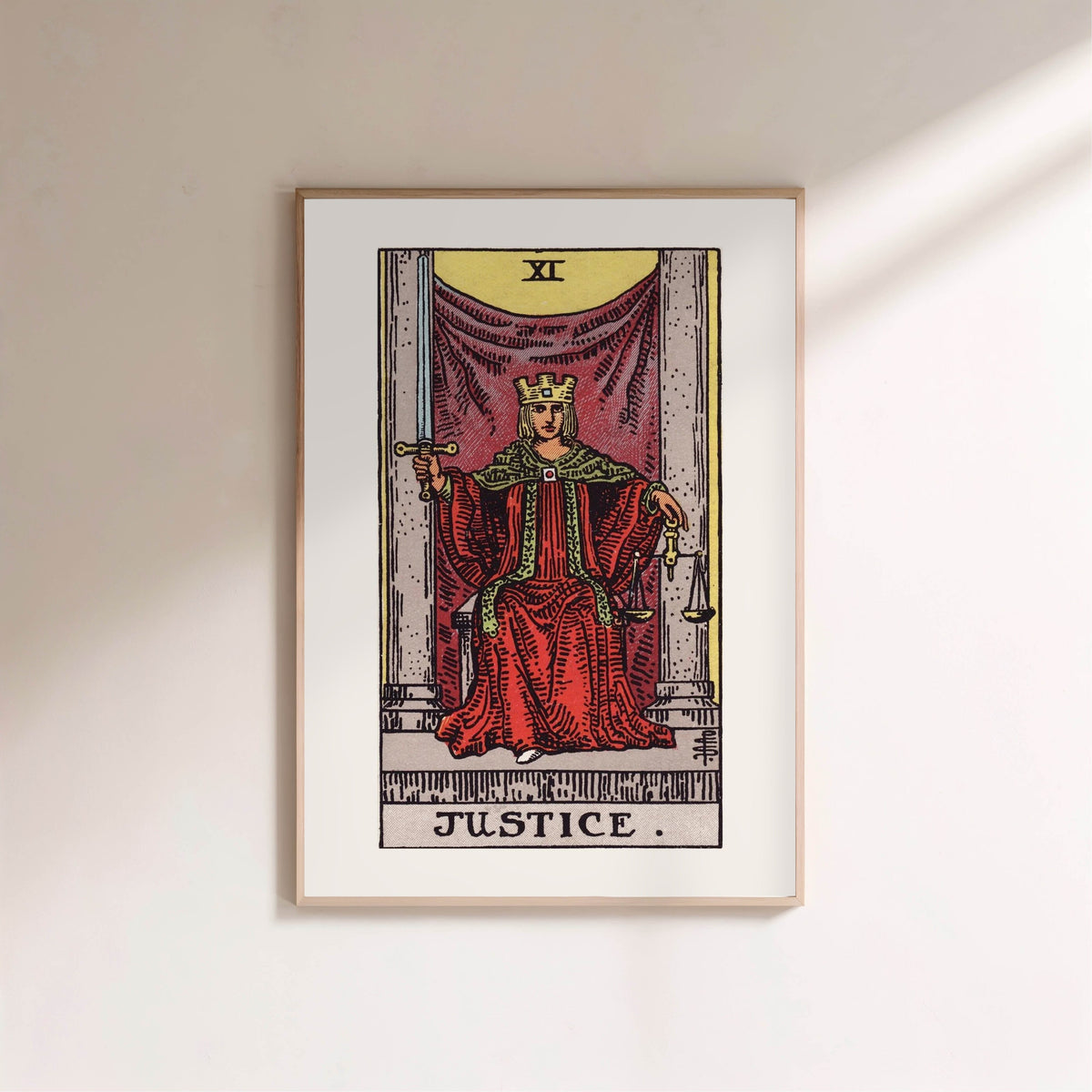 Arcanum XI - Justice - Rider-Waite-Smith Tarot Poster, framed poster on a light wall