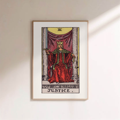 Arcanum XI - Justice - Rider-Waite-Smith Tarot Poster, framed poster on a light wall