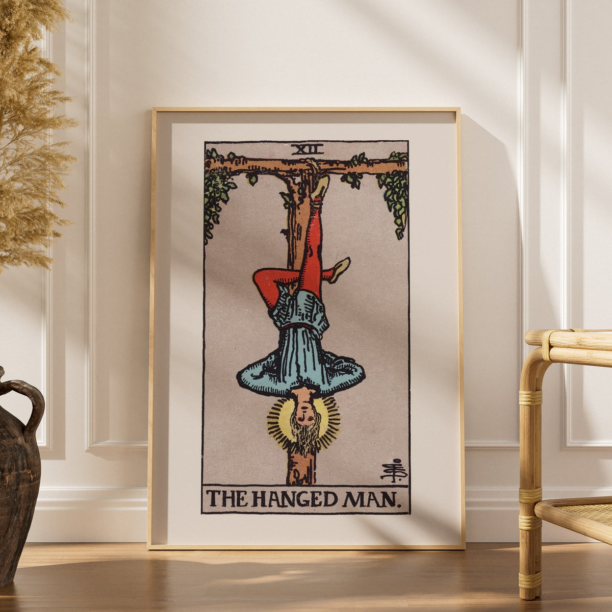 Arcana XII - The Hanged Man - Rider-Waite-Smith Tarot Poster, framed poster in an elegant interior, dried grasses and a ratta