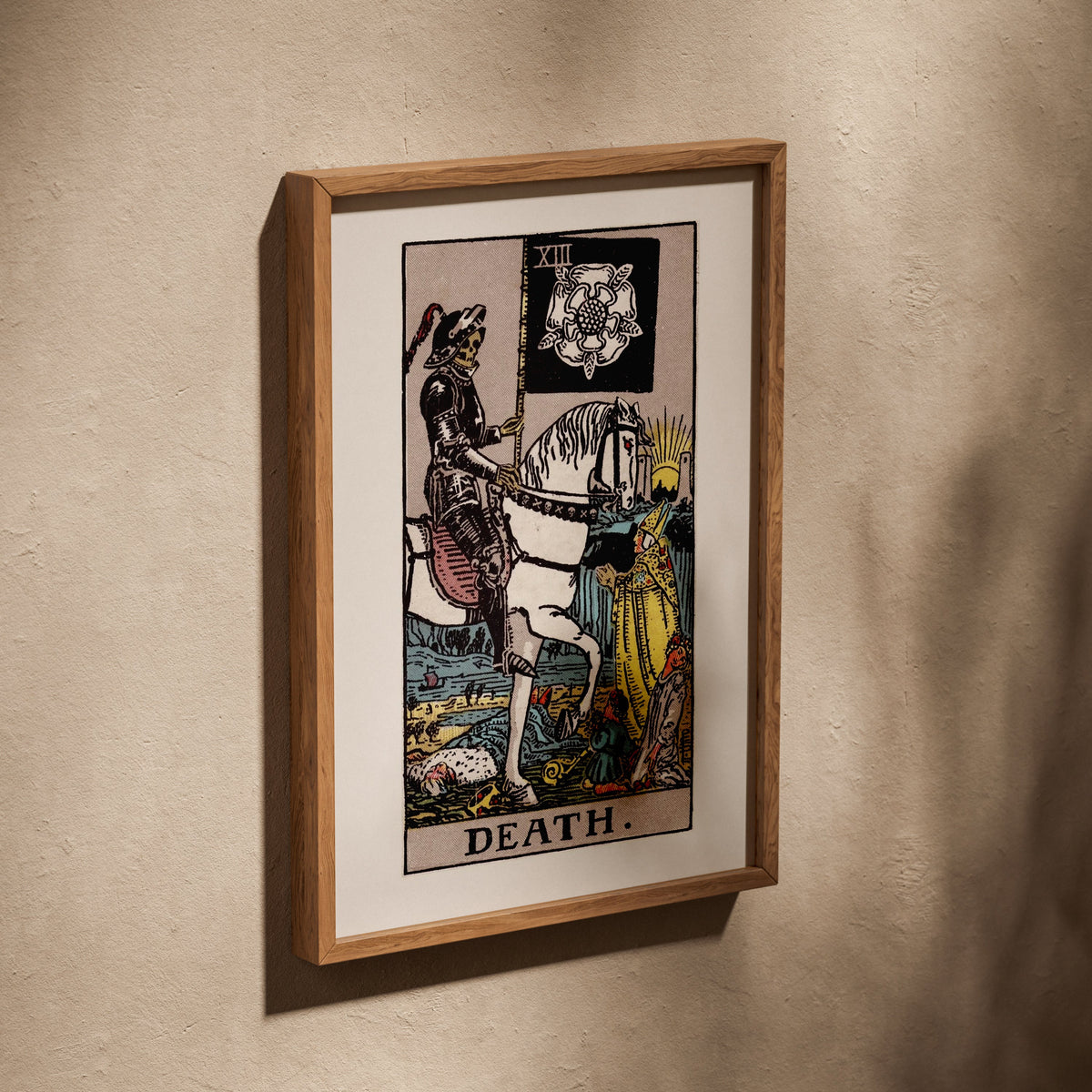 Arcane XIII - Death - Rider-Waite-Smith Tarot Poster, poster in an oak frame leaning on a textured wall