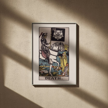 Arcane XIII - Death - Rider-Waite-Smith Tarot Poster, framed poster on a beige wall, window shadows