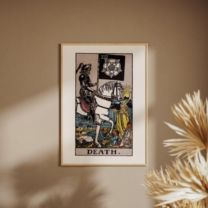 Arcane XIII - Death - Rider-Waite-Smith Tarot Poster, framed poster on a beige wall, pampas grass in the foreground