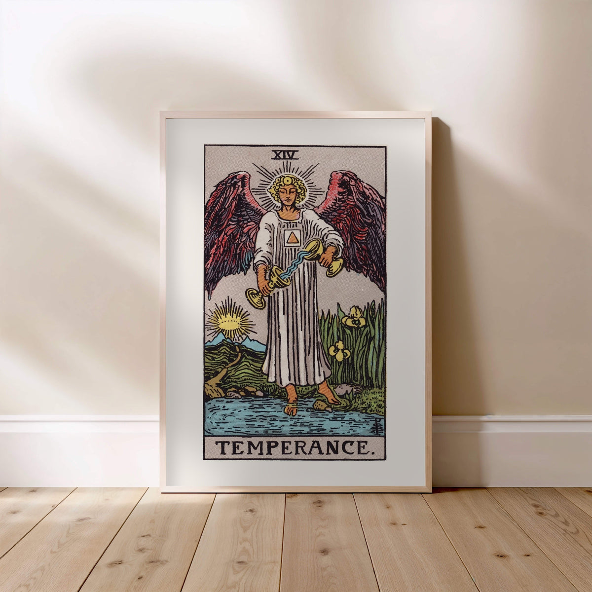 Arcanum XIV - Temperance - Rider-Waite-Smith Tarot Poster, framed poster standing on the floor, light wood frame