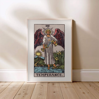 Arcanum XIV - Temperance - Rider-Waite-Smith Tarot Poster, framed poster standing on the floor, light wood frame